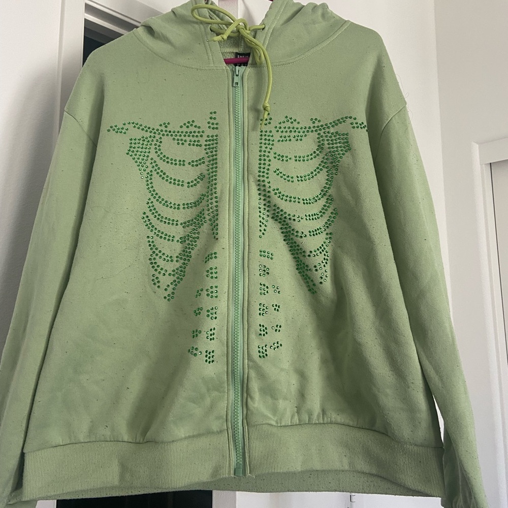 Rhinestone Skeleton Pattern Drawstring Thermal Hoodie